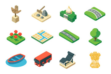 Isometric city elements: infrastructure, nature and transport icons