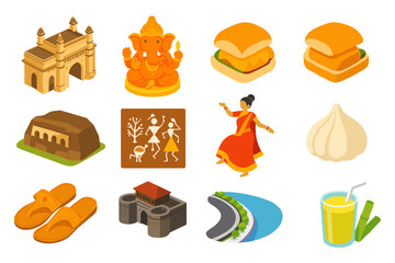 Colorful icons of indian culture and cuisine: gateway, dance, snacks, river