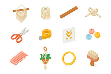 Crafting tools and supplies: isometric icons for macrame and diy projects