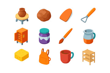 Crafting pottery and tools collection in modern isometric design