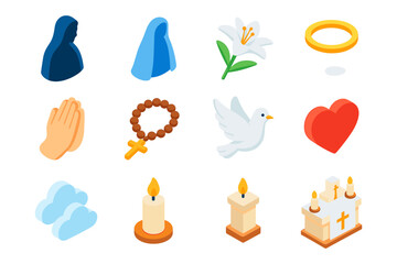 Isometric collection of religious symbols with dove, rosary, cross, and candle