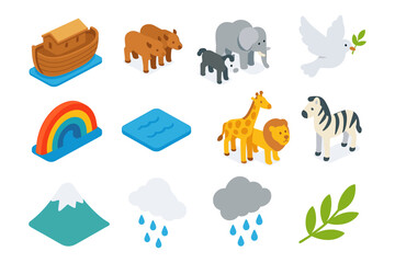 Isometric animal pair icons and nature elements collection