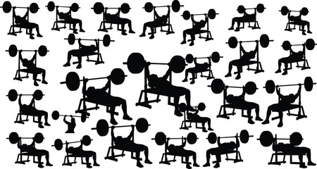 Bench press silhouettes, barbell chest workout poses, strength training icon set, vector illustration, gym art, bodybuilding design, fitness graphic, athletic exercise