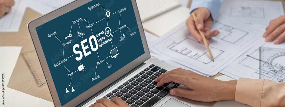 Poster seo search engine optimization for brisk e-commerce and online retail business showing on computer s