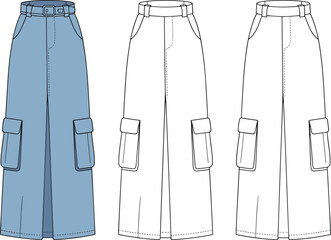 CAD drawing flat vector illustration of women's long cargo skirt with belt, pockets, front slit, casual style, fashion design technical sketch