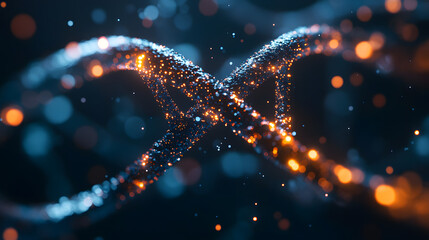 A detailed close up of a dna strand with orange and blue lights against a dark background view