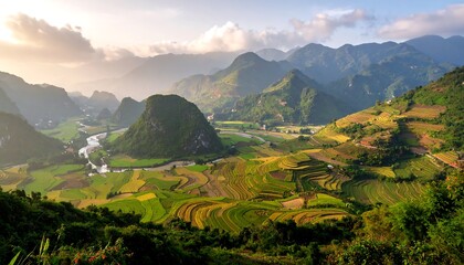 Breathtaking view of rice terraces and mountain ranges in a verdant valley