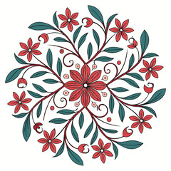Blue and Red Floral Mandala with Leafy Accents.