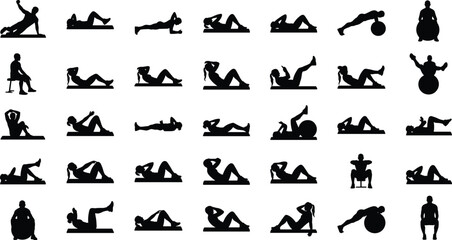 Core and Abdominal Exercise Silhouettes with Stability Balls and Mats – Fitness Workout, Home Training, Strength, Pilates, Yoga Vector Clipart