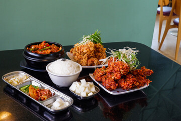 Korean food and Spicy korean chicken wings,jajangmyeon,bibimbap,oden,Samgyeopsal,delicious Korean traditional food.