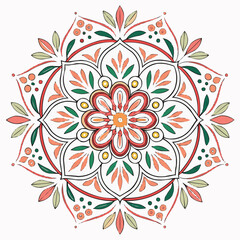 Blue and Red Floral Circle with Leaf Motifs.