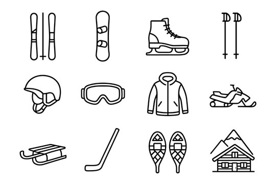 Winter sports equipment icon set featuring skiing, snowboarding, and more in linear style