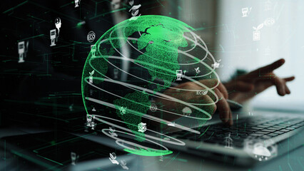 This image showcases a digital representation of a green globe surrounded by eco-friendly icons, symbolizing innovation and sustainability in a modern workspace. Xenic