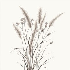Fototapeta premium An artistic botanical illustration of feathery grass plumes and seed heads, isolated on a white background