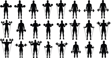Fitness Silhouettes with Dumbbells and Resistance Bands – Strength Training, Bodybuilding, Weightlifting, Home Workout, Muscle Building Vector Clipart
