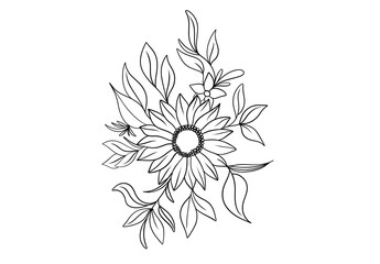 Monochrome Floral Line Art Bouquet: Delicate Hand-Drawn Outline Illustration of a Sunflower with Assorted Leaves and Small Blossoms for Elegant and Natural Designs