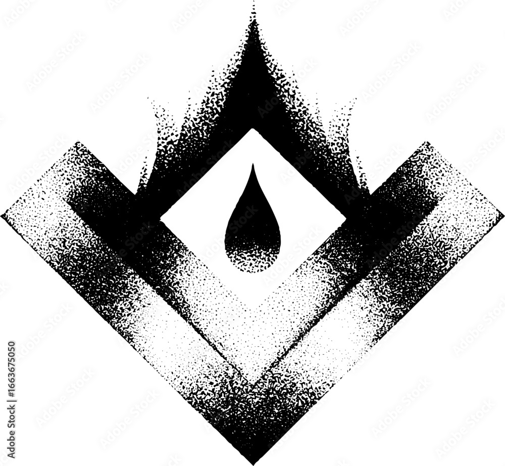 Poster abstract stippling dotwork design featuring geometric shapes with flame and teardrop elements