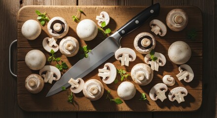 Sliced mushrooms and knife on wooden cutting board amid herbs in sunlight