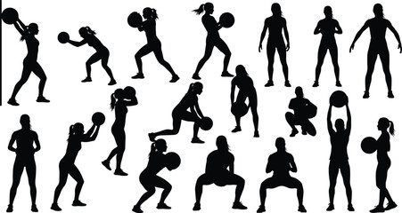 Medicine ball exercise silhouette, fitness training poses, gym workout vector, strength routine graphic, athletic sports icon, bodybuilding design, functional training illustration