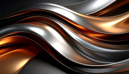 Obraz premium A dynamic composition of flowing metallic ribbons in copper and silver hues against a dark backdrop.