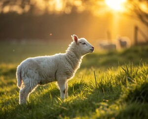 Obraz premium Sheep and young lambs graze peacefully in a green spring pasture