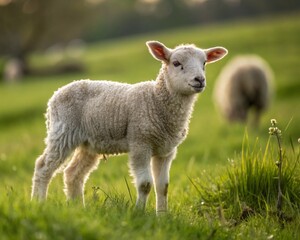 Obraz premium A cute young lamb and sheep grazing in a green rural pasture on a sunny spring day