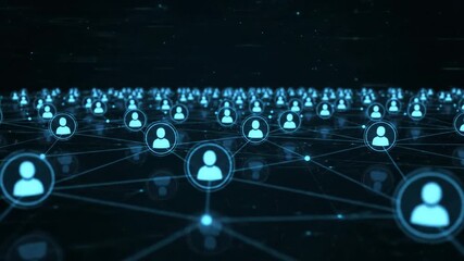 Global Social Media Network Connection - This video depicts a digital representation of a global social media network with blue user icons connected by lines on a dark background. - Powered by Adobe