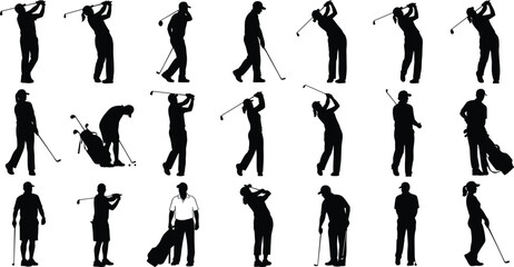 Silhouettes of Golf Players in Action, Swing Poses, Golf Equipment, Outdoor Sport Activity, Professional Golfer Training, Golfing Stance Techniques