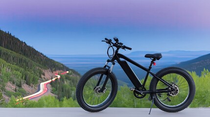 Obraz premium Black Electric Fat Bike Parked Overlooking Scenic Mountain Road at Sunset