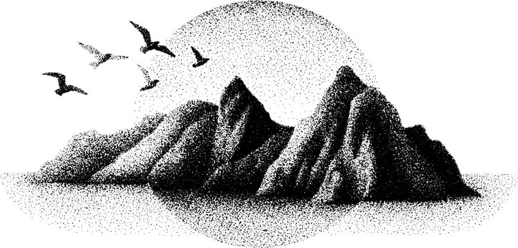 Stipple dotwork illustration of coastal cliffs with birds in flight