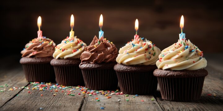 The beautiful array of cupcakes with colorful candles and sprinkles. - Powered by Adobe