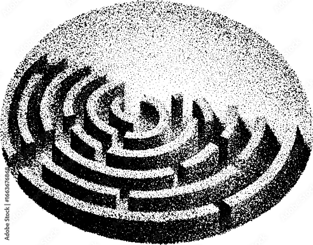 Poster abstract maze with concentric lines in stippling dotwork style
