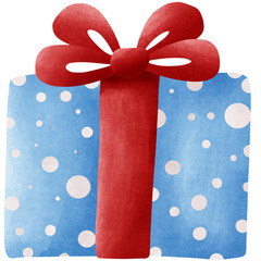 A charming watercolor illustration of a gift box wrapped in light blue paper with white polka dots, tied with a large, vibrant red bow.