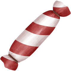 A hand-painted watercolor illustration of a red and white striped hard candy, wrapped at both ends. Perfect for festive designs, holiday themes, and sweet treat concepts.