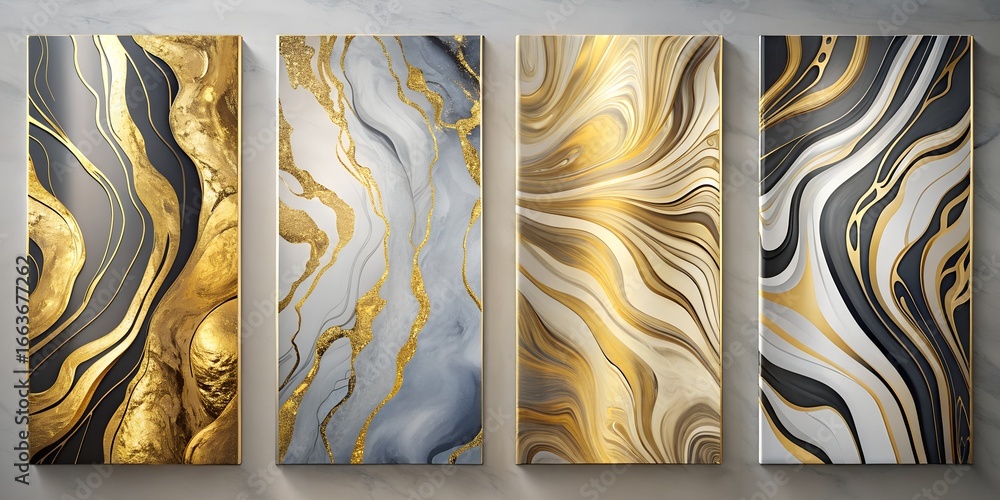 Poster a set of four abstract marble textures with gold accents, creating a luxurious and modern design wit