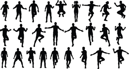 Silhouettes of People Running and Jumping, Fitness and Exercise Poses, Active Lifestyle Vector Set, Movement and Energy Illustration