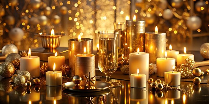 Elegant golden candles and ornaments create a warm and festive holiday atmosphere, perfect for christmas celebrations and adding a touch of luxury to any event
