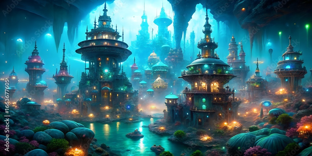 Poster a futuristic city with towering structures, glowing lights, and a river running through it, creating
