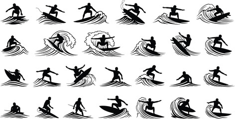 Silhouettes of Surfing on Waves – Extreme Water Sports, Ocean Surf Riders, Surfboards, Wave Riding, Summer Beach Activity Clipart