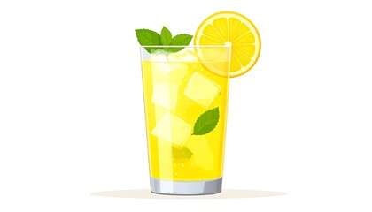 A refreshing, bright yellow lemonade drink, garnished with lemon slices and fresh mint leaves, sits in a tall glass filled with ice cubes.