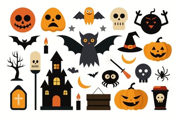 Collection of halloween icons and symbols including pumpkins, ghosts, bats, skulls, witches hats, haunted houses, and spiders, isolated on white background