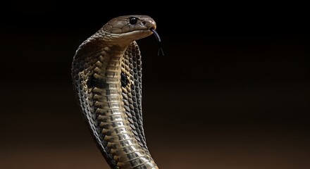 Fototapeta premium Dramatic CloseUp of a Hooded Cobra Tasting the Air with its Forked Tongue.