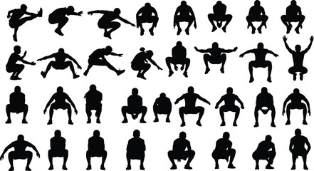 Squat exercise silhouette, fitness training poses, gym workout vector, strength routine graphic, athletic sports icon, bodybuilding design, leg workout illustration, functional movement art