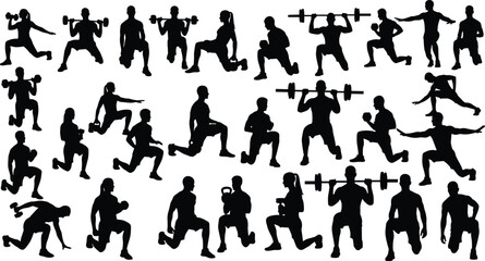 Strength training silhouettes, dumbbell barbell kettlebell squat lunge poses, fitness workout icon set, vector illustration, gym art, bodybuilding design, athletic exercise