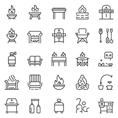 Collection of outline icons representing outdoor grilling equipment and furniture for summer gatherings
