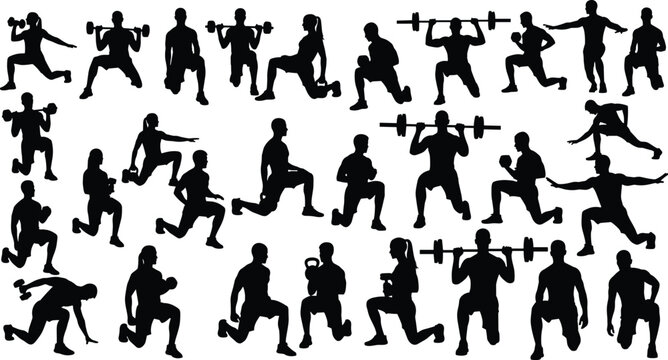 Strength training silhouettes, dumbbell barbell kettlebell squat lunge poses, fitness workout icon set, vector illustration, gym art, bodybuilding design, athletic exercise