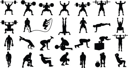 Strength Training Workout Silhouettes – Olympic Lifts, Kettlebell Exercises, Bodyweight Moves, Pushups, Box Jumps, Powerlifting Vector