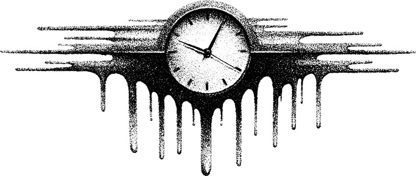 Surreal melting clock stipple art for timeless design concepts