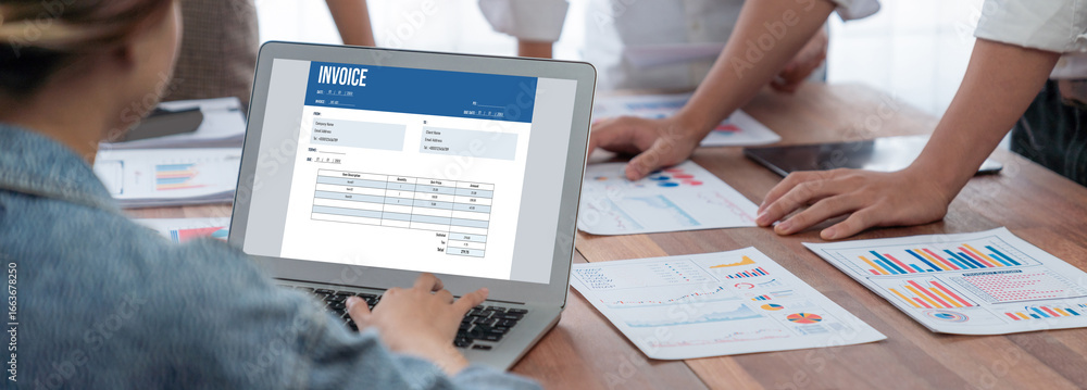 Poster invoice on computer screen from accounting application. computer program for financial and budget of