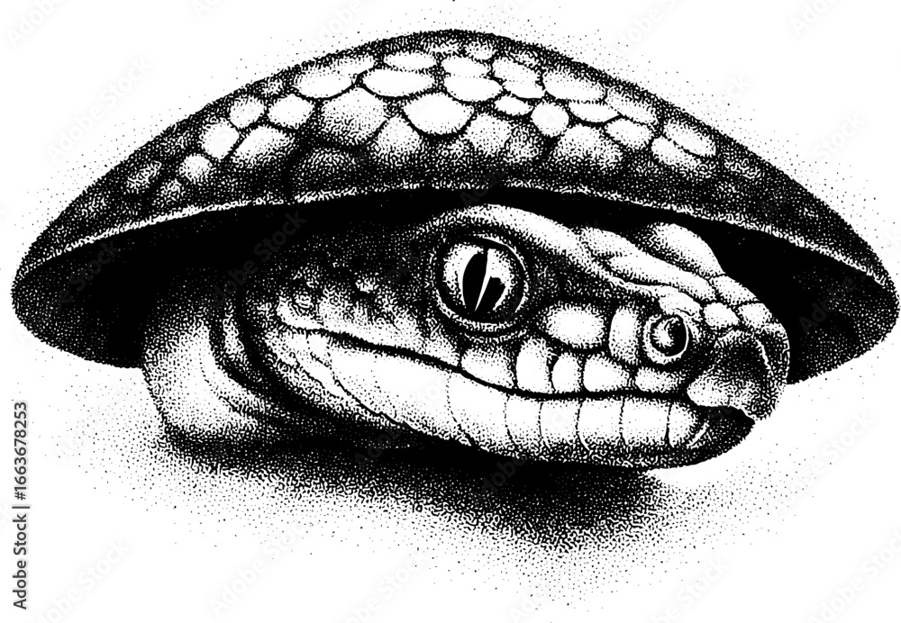 Poster intricate stippling dotwork of a snake in mushroom shell for unique design use